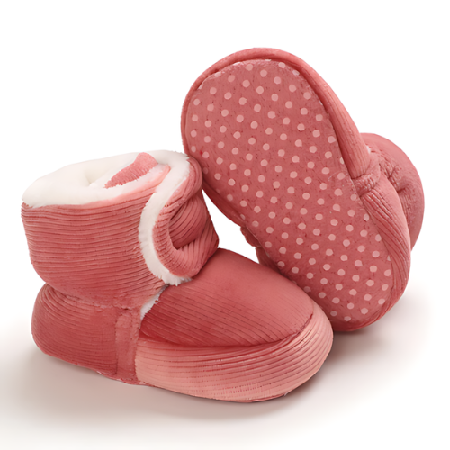 Chaussure bébé velours laine rose foncé avec semelle antidérapante