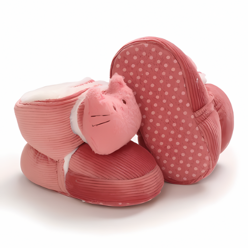 Chaussure bébé velours laine rose motif chat avec semelle antidérapante