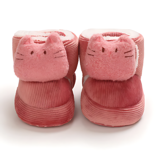 Chaussure bébé velours laine rose motif chat premier pas