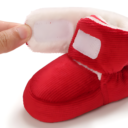 Chaussure bébé velours laine rouge avec ouverture facile