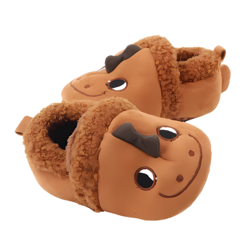 Pantoufle marron motif dinosaure avec semelle antidérapant