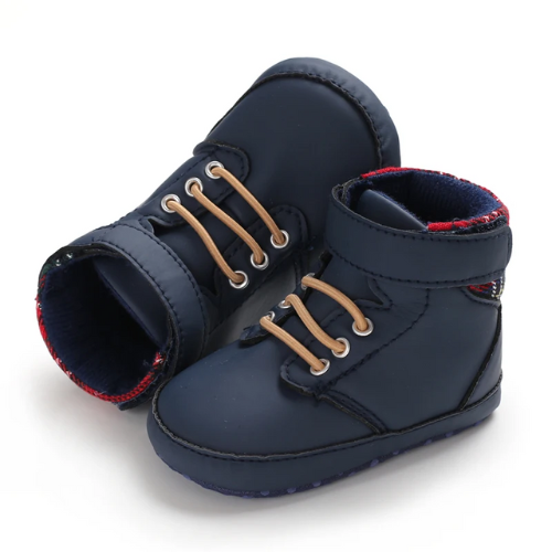 Tennis bébé bleu marine et carreaux en cuir