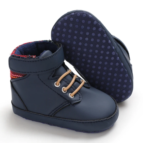 Tennis bébé bleu marine et carreaux semelle anti-dérapante