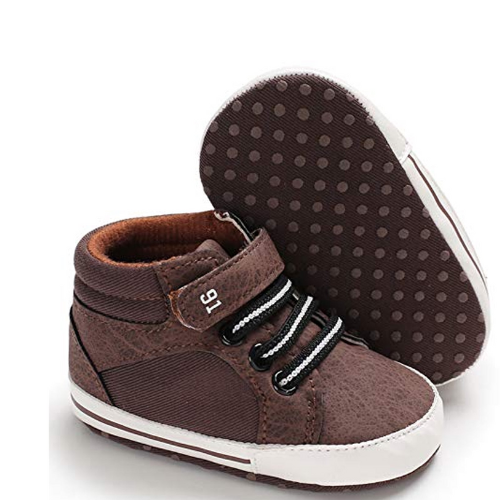 Tennis bébé marron et blanc à lacets semelle anti-dérapante