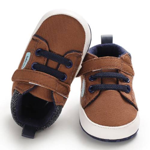 Tennis bébé tissu marron et bleu doublure chaude
