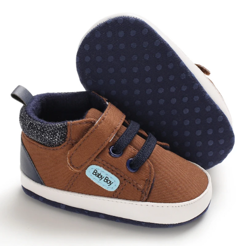 Tennis bébé tissu marron et bleu semelle anti-dérapante