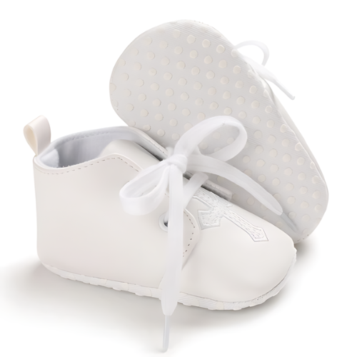 Chaussure bébé baptême motif croix blanc avec semelle antidérapant 