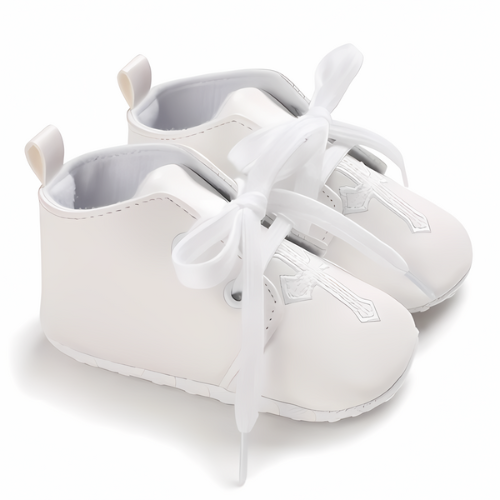 Chaussure bébé baptême motif croix blanc