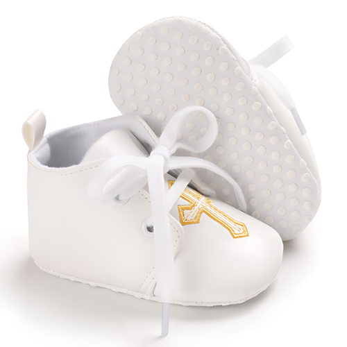 Chaussure bébé baptême motif croix dorée avec semelle antidérapant