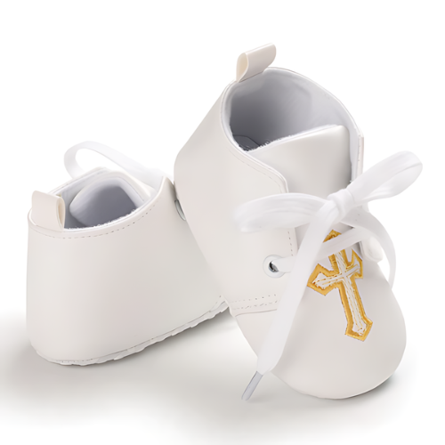 Chaussure bébé baptême motif croix dorée élégante 