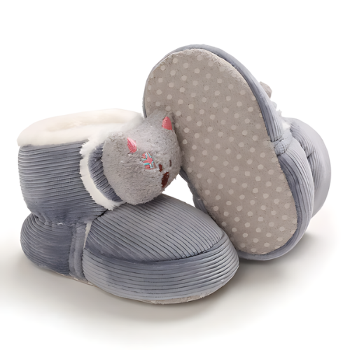 Chaussure bébé velours laine motif chat avec semelle antidérapante