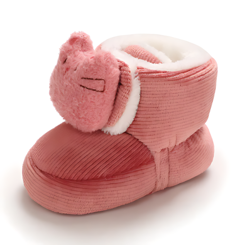 Chaussure bébé velours laine rose motif chat pour hiver