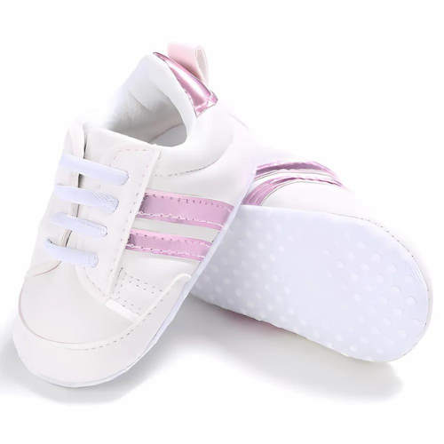 Chaussure sportive bébé blanche et rose avec semelle antidérapant