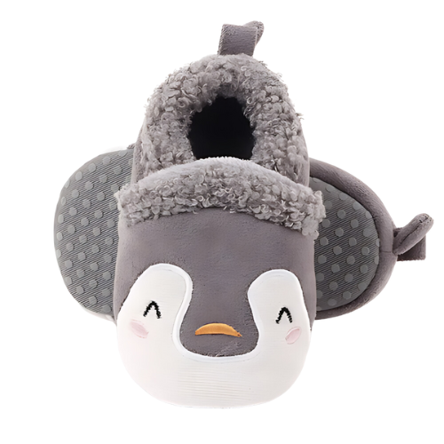 Pantoufle gris motif pingouin avec semelle antidérapant 