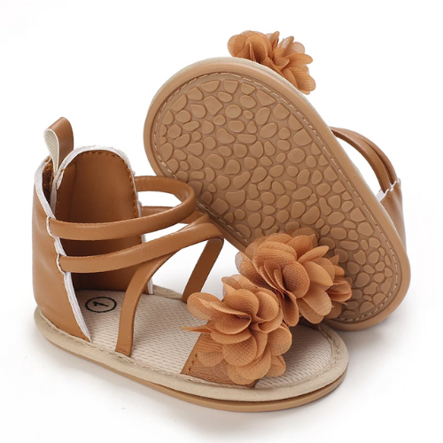 Sandale bébé fleur marron en cuir anti-dérapante