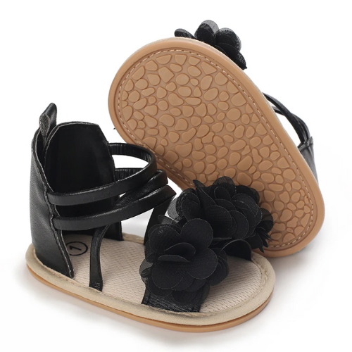 Sandale bébé fleur noire en cuir anti-dérapante