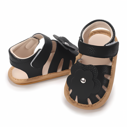 Sandale bébé fleur noire en cuir pour été