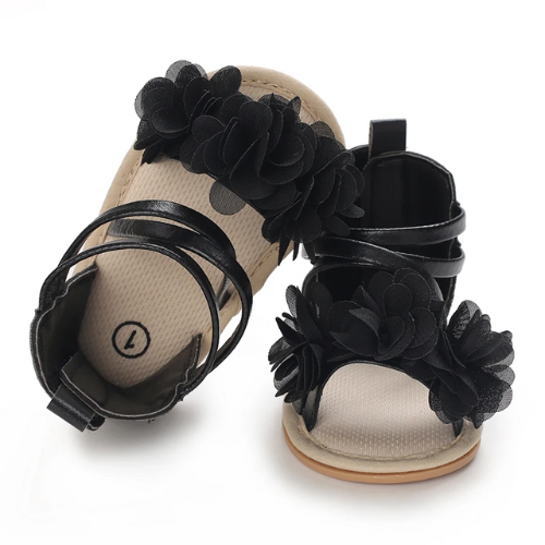 Sandale bébé noire en cuir motif fleur