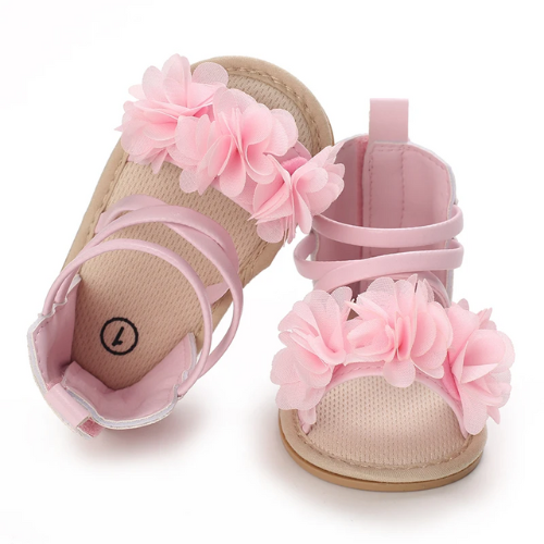 Sandale bébé rose en cuir motif fleur