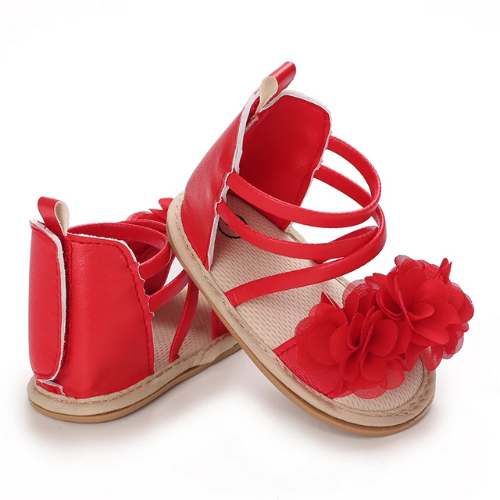 Sandale bébé rouge en cuir motif fleur