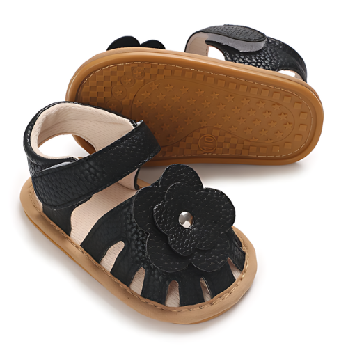 Sandale fleur noire en cuir pour bébé fille