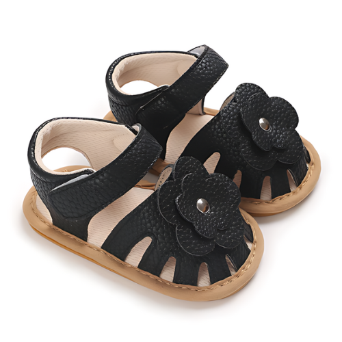 Sandale fleur noire en cuir pour bébé