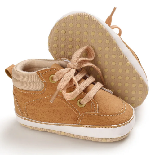 Tennis Bébé Cuir Camel à Lacets semelle anti-dérapante