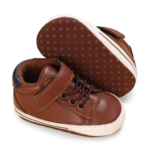 Tennis bébé cuir marron à lacets semelle anti-dérapante