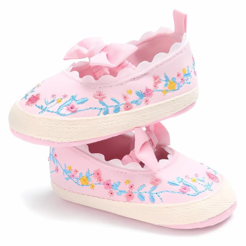 Ballerine bébé fleuri avec nœud rose pour bébé fille